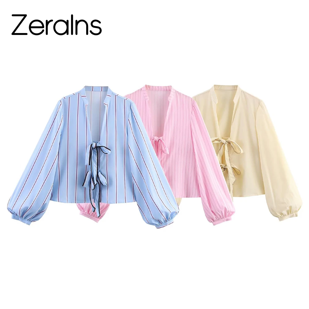 ZERAINS Letnia Nowa Damska Moda Słodko-Pikantny Styl Luźna Koszula w Paski z Dekoltem w Serek i Kokardą z Popeliny