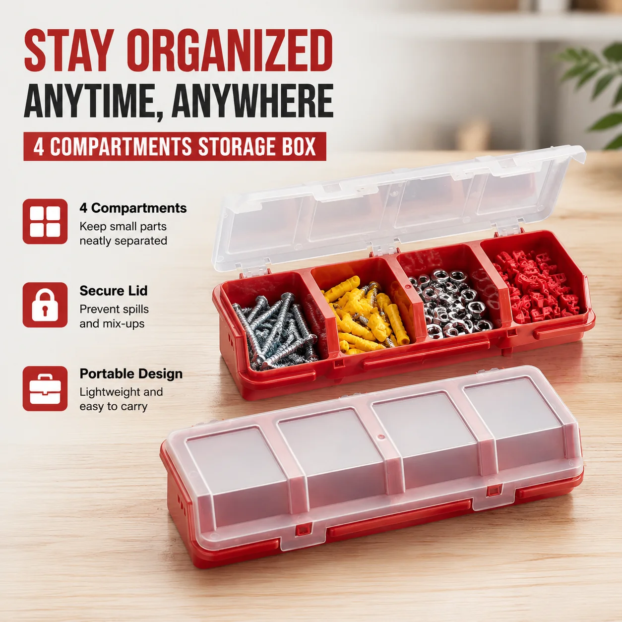 Plastic Screw Organizer Box with 4 Compartments, Portable Tool Parts Storage Bin with Lid, Red Small Parts Display Case for