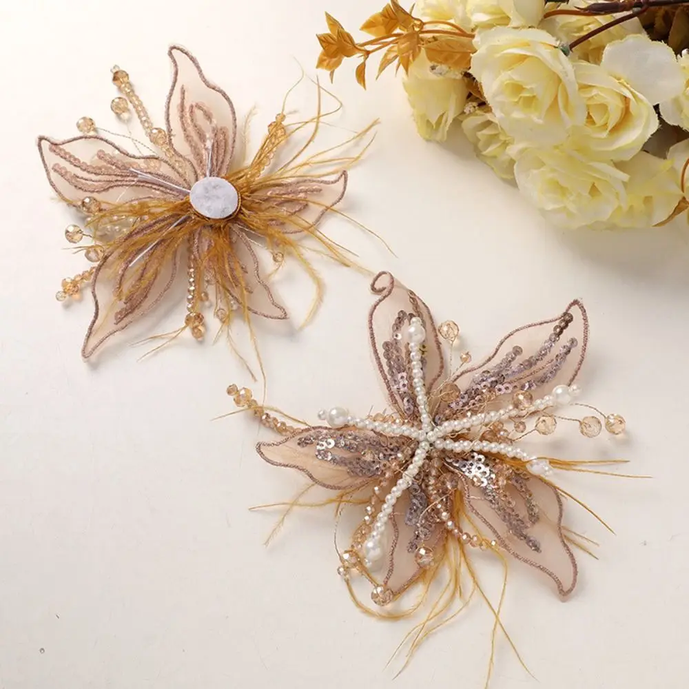 Feather Pearl 3D Organza Flower Patch Twisted Wire Crystal Flower Studded Patch Multi-layer Hand-made Embroidery Patch