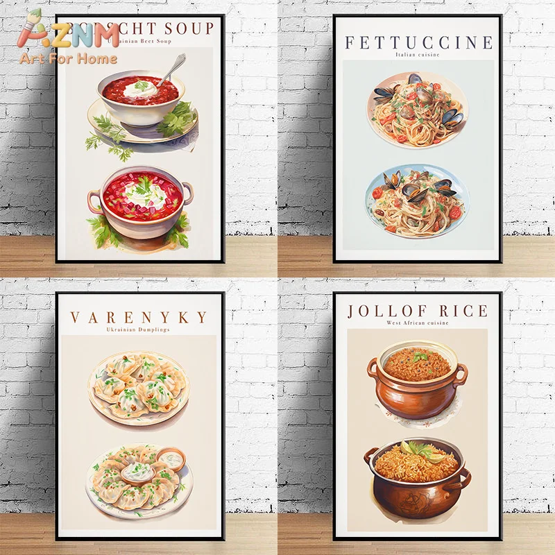 AZNM Global Gourmet Canvas Wall Art Borscht Varenyky Fettuccine Jollof Rice Classic Food Illustration Print Unframed Canvas Kitc