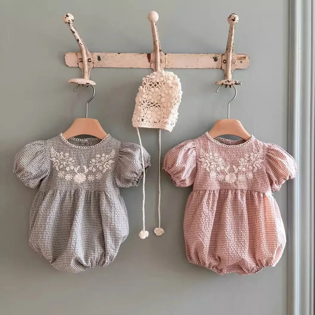 2026 Korean Version New Spring Summer Baby Girl Princess Plaid Embroidered Short Sleeved Jumpsuit Crawling Suit for Going Out