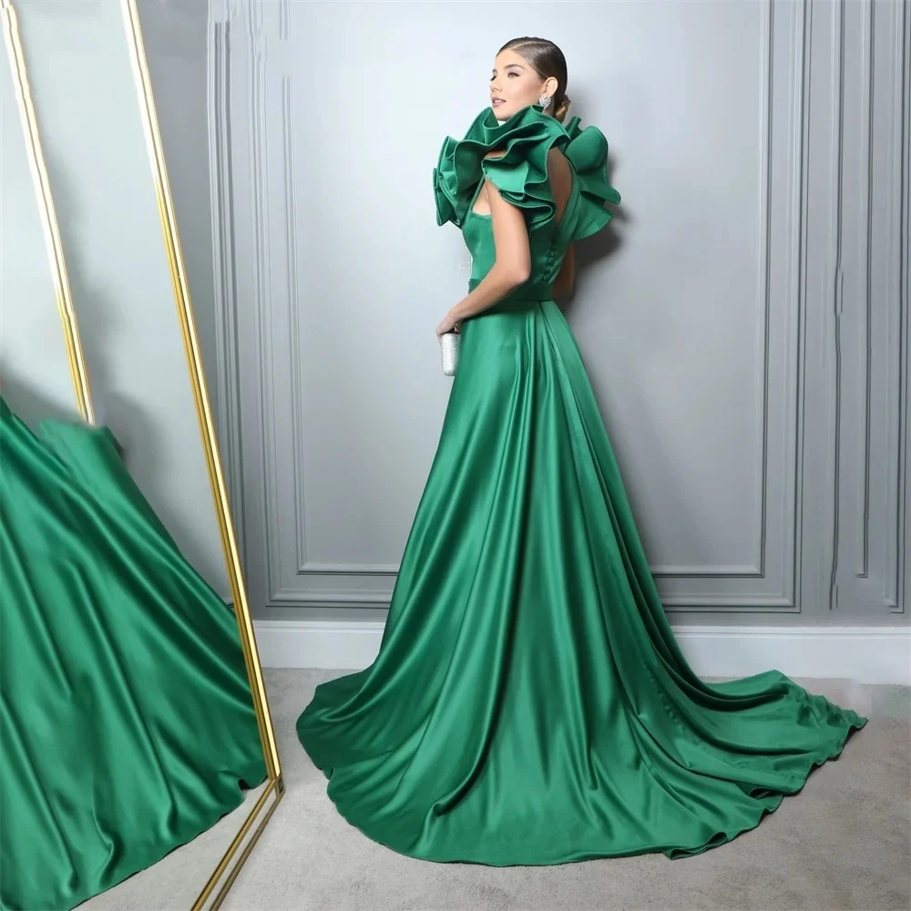 OTHRAY Chic Woman Evening Dresses Gown Ruched V Neck Stain Ball Gown A Line Side Split Night Dresses Gown Green robes de soirée