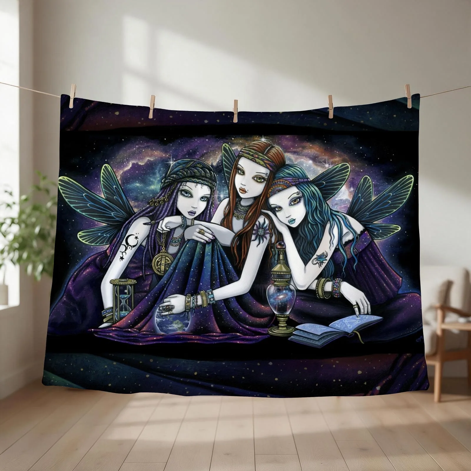 The Seraphina Bohemian Celestial Sisters Nebula Fairies Throw Blanket couch cozy soft plush fuzzy picnic outdoor blanket