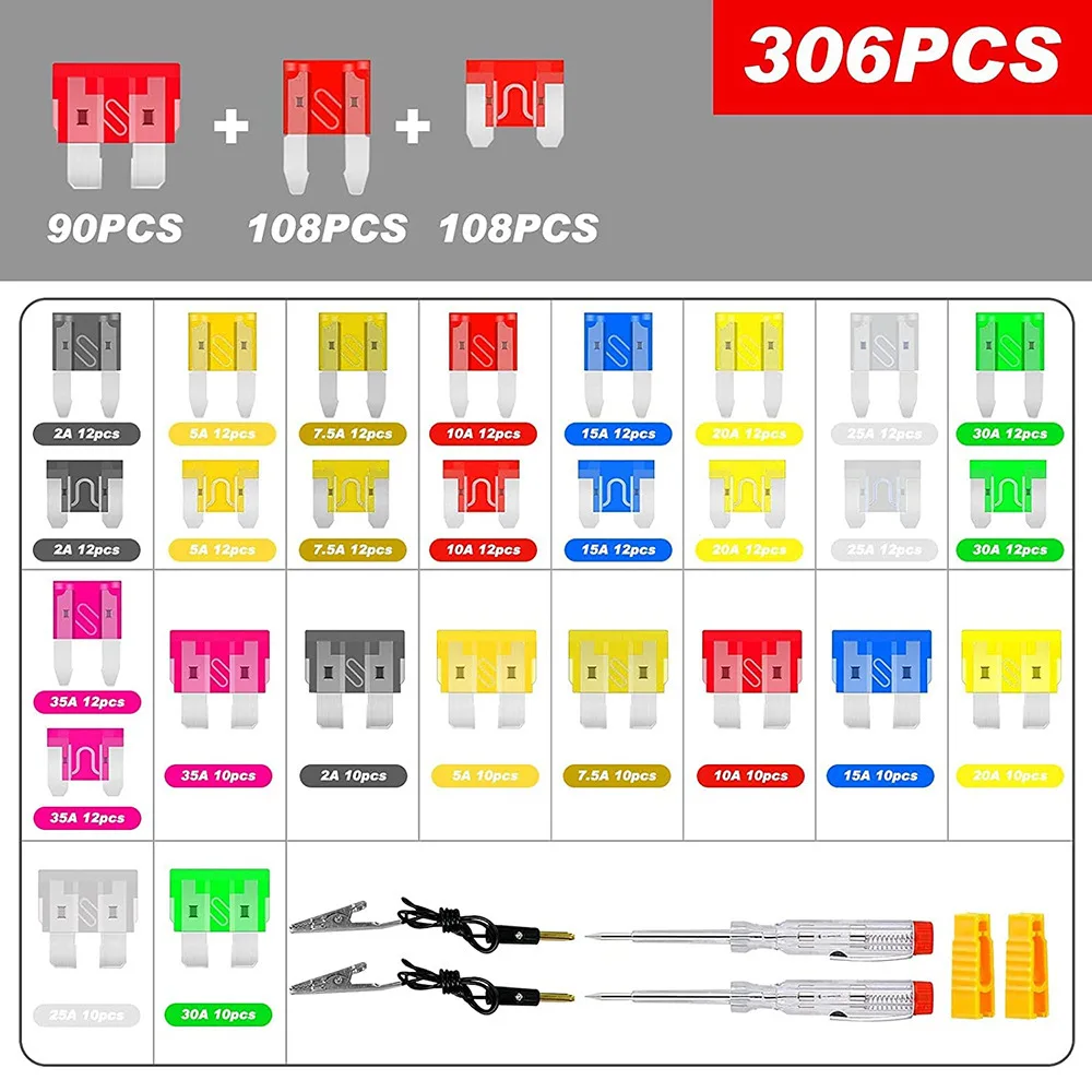 306-teiliges Sortiment an Flachsicherungen Standard & Mini & Low Profile Mini-2A 5A 7,5A 10A 15A 20A 25A 30A 35A mit Sicherungsentferner und Stromkreisprüfer – Detail 2