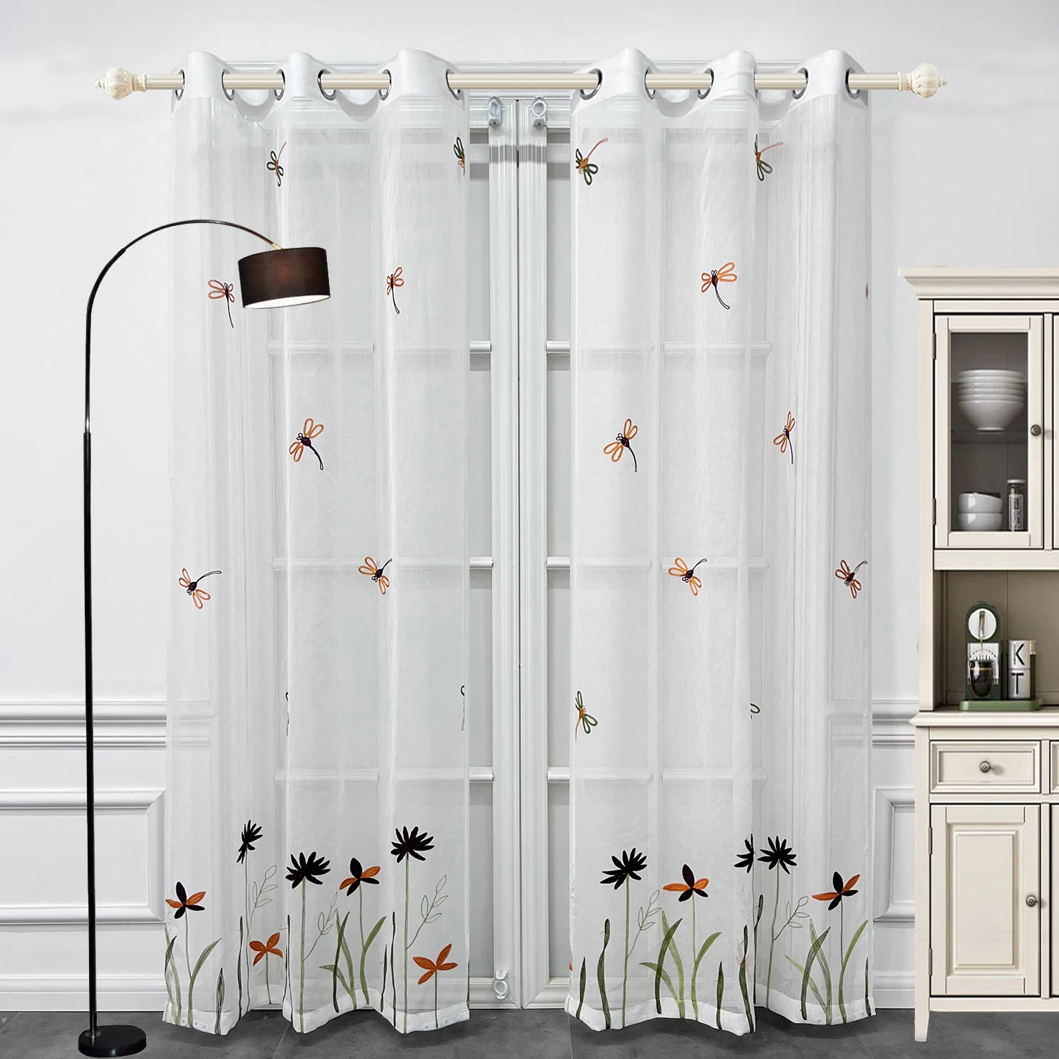 1PC Rustic Embroidered Dragonfly Sheer Curtain for Living Room Floral Voile Window Drape Home Decoration #E