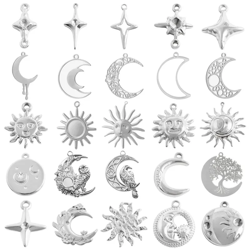 6pcs Steel Color Assorted Pendant Filligree Moon Sun Doji Charm Stainless Steel Charms For Jewelry Making Bracelets DIY Keychain