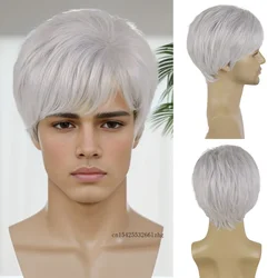 GNIMEGIL peluca de pelo liso corto sintético con flequillo peluca blanca gris para hombres mayores padre disfraz de Halloween peluca Cosplay