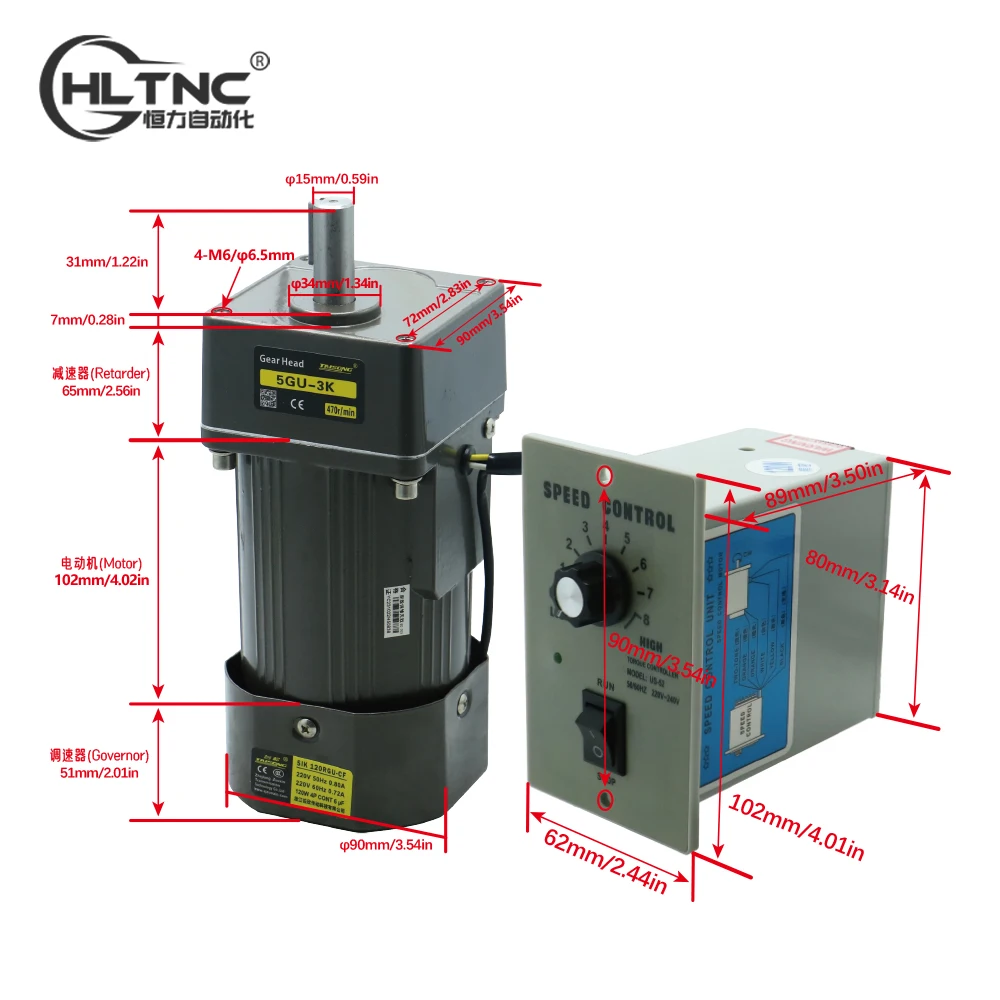 120W Micro AC Motor 110v 220v Single Phase Asynchronous Motor Gear Motor 15mm Motor Shaft+ Speed Controller 5RPM-1350RPM 50/60hz