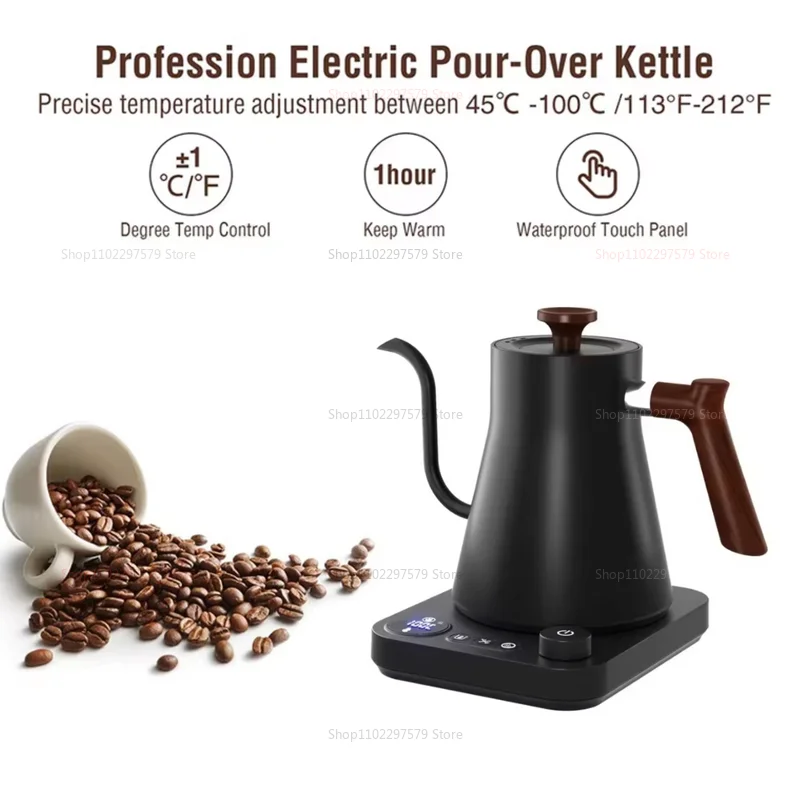 Bule de café artesanal para viagem, portátil, 0,9l, pescoço de ganso, aço inoxidável, temperatura constante inteligente, chaleira elétrica