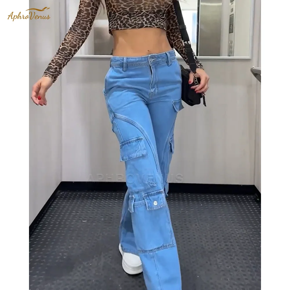 Women's High Waist Denim Pants Fashion Casual Stretch Jeans Solid Color Multi-Pocket Trousers Ladies Comfortable Streetwear