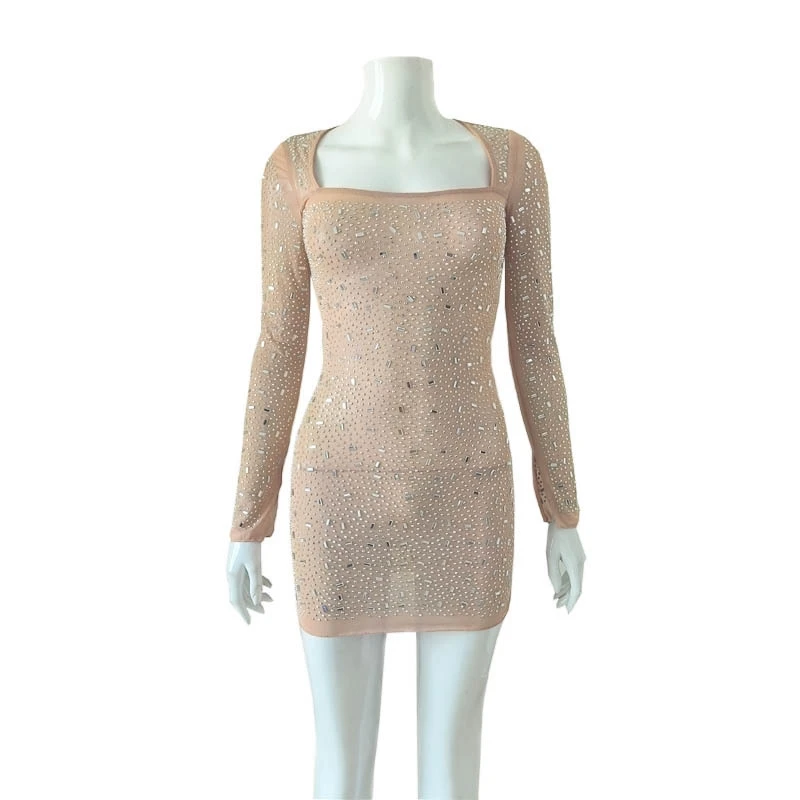 فستان قصير نحيف بحجر الراين شفاف برقبة مربعة وأكمام طويلة مثير أنيق للربيع والصيف وحفلات الكوكتيل والليل للنساء