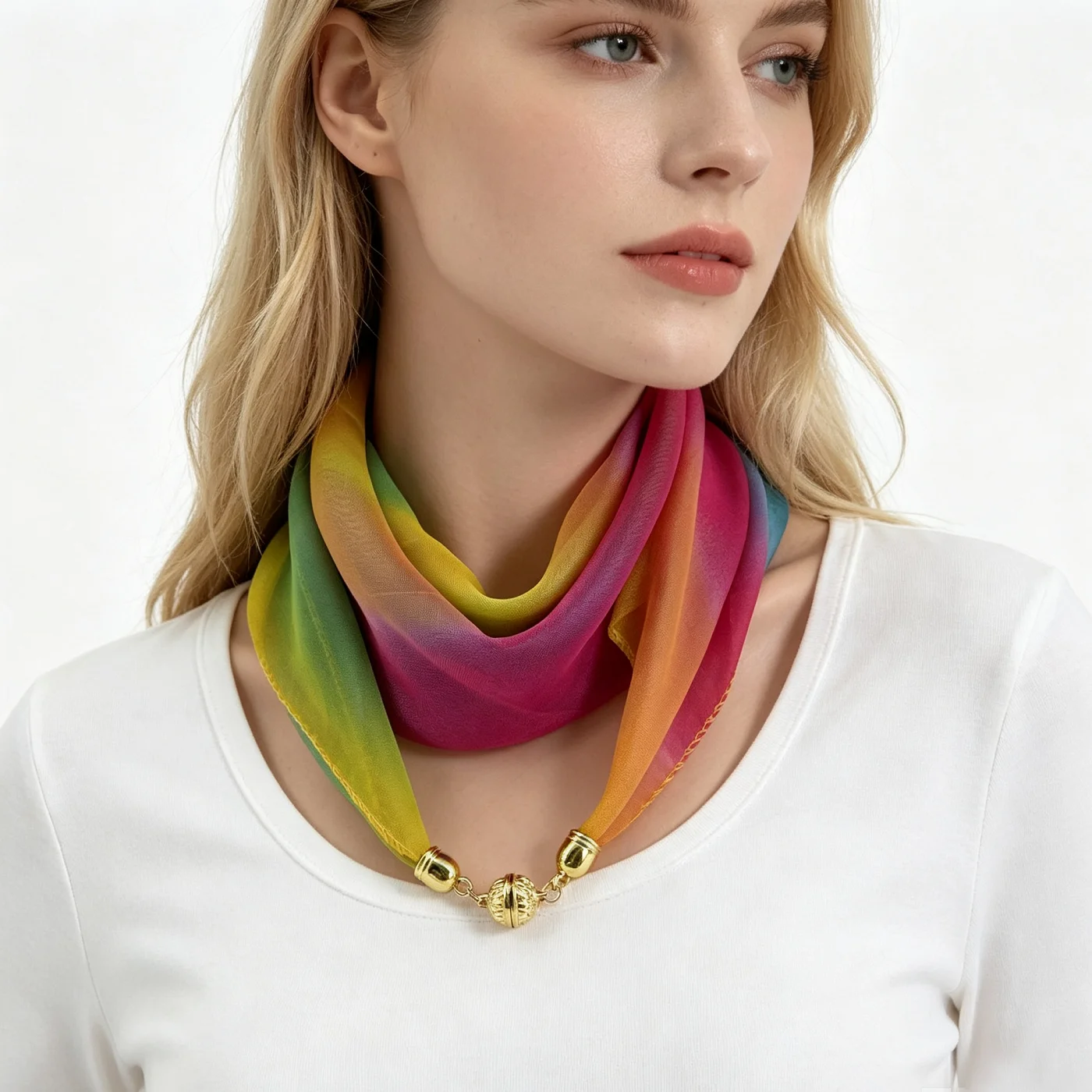 Gradient Rainbow Stripe Plaid Color Block Contrast Magnetic Buckle Neck Scarf Printed Decorative Neck Wrap Versatile Neckerchief