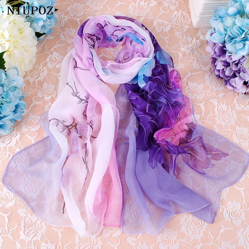 Elegant Beautiful Gradient Peony Chiffon Georgette Bandana Scarf Women Foulard Summer Beach Sunscreen Thin Hijab