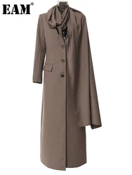 EAM-Blazer Long et Élégant pour Femme, Veste Marron de Grande Taille, Col Écharpe, Manches sulf, Mode Tide, Printemps Automne 2024, 1DH4395