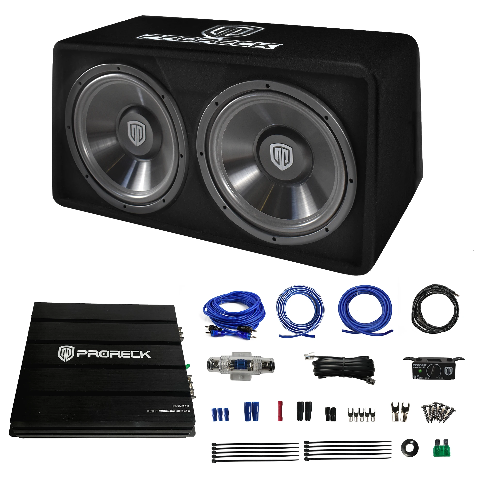 PRORECK PR-122M 1500W Dual 12 inci Kotak Subwoofer Mobil Audio dengan Subwoofer, Amplifier Mono Block dan Kit Instalasi Kabel