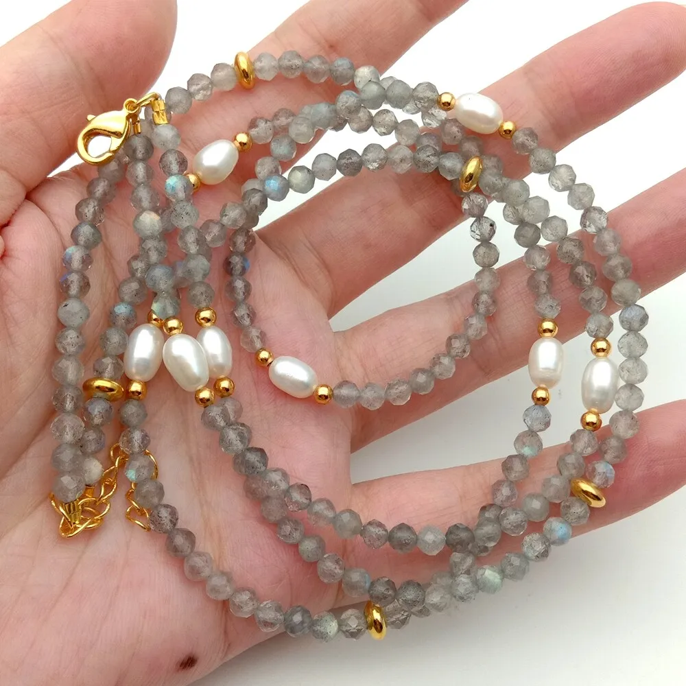 

Ожерелье из натурального 2-рядового граненого лабрадорита с культивированным белым рисом и жемчугом 17,5 дюйма