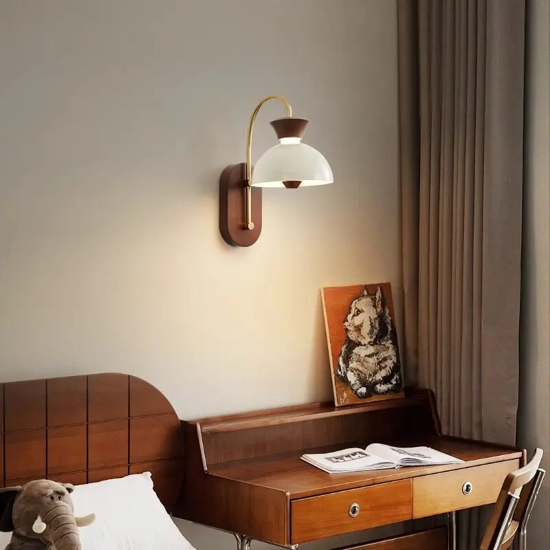 Middle Ancient Style Solid Wood Wall Lamp LED Bedroom Bedside Study Living Room Background Wall Aisle Retro Walnut Color Sconces
