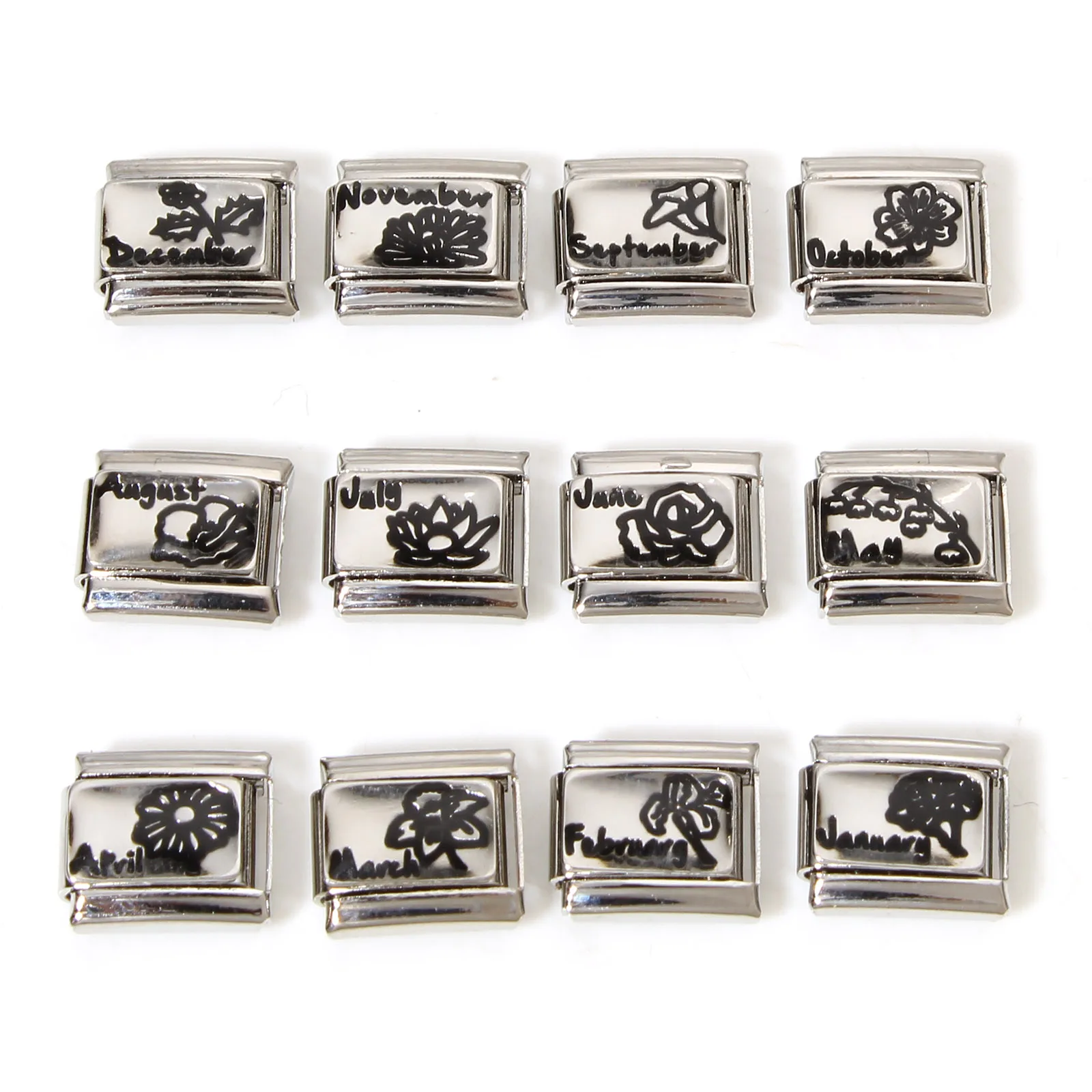 1pc 304 Stainless Steel Birth Month Flower Rectangle Italian Charm Links Silver Color For DIY Bracelet Jewelry Making 10mm x 9mm