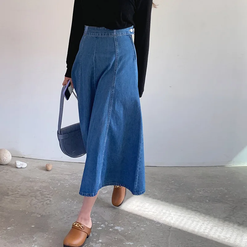 Mittellanger Denim-Midirock für Damen mit hoher Taille – lockere Passform im Frühlings- und Herbststil