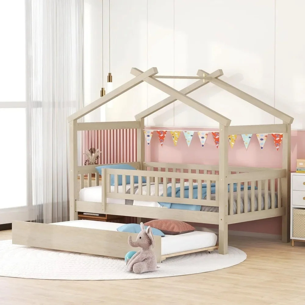 Twin Size Wooden House Bed with Twin Size Trundle for Kids, Wood Platform Bed Frame with Fence, Roof, and Safety Guardrail