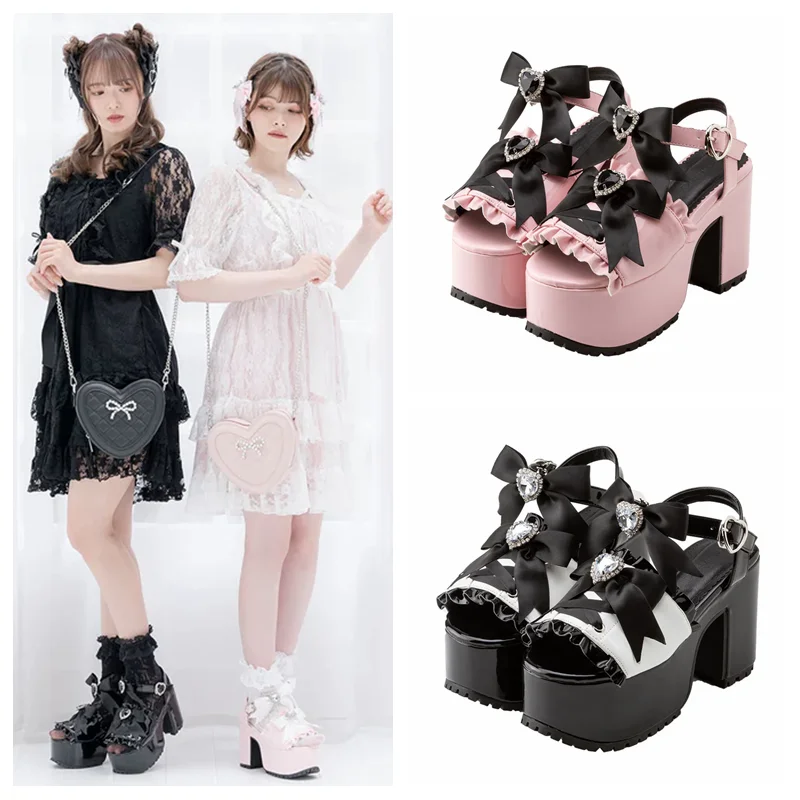 Japanese Ins Trendy Sweet Bow Chunky Heel Ladies Elegant Waterproof Platform Lolita Mine Women\'s Fish Mouth Sandals High Heels