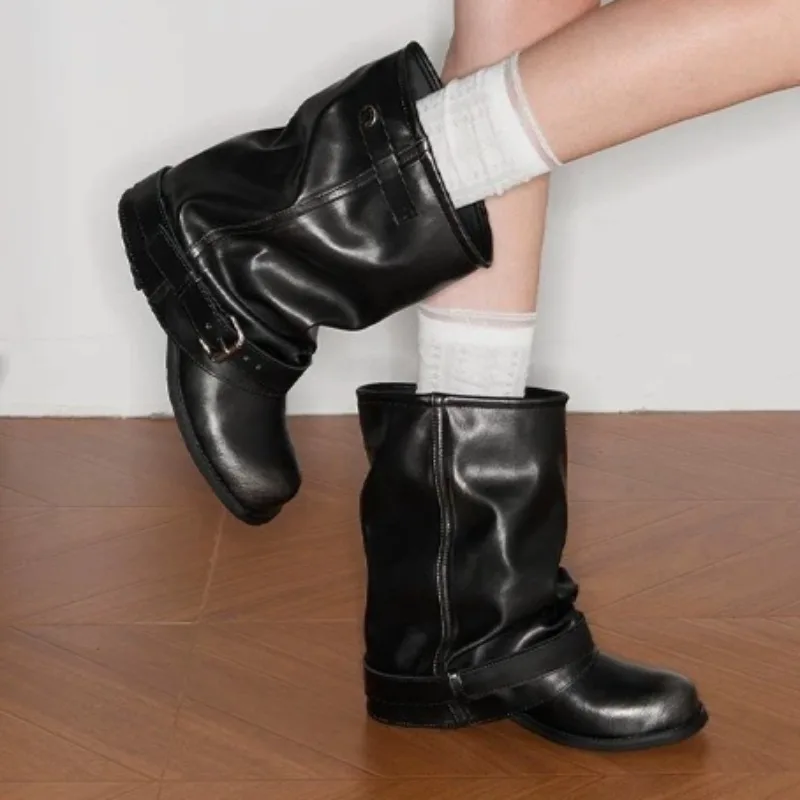 

Женские ковбойские сапоги в стиле вестерн, 2025 г., винтажная женская обувь на блочном каблуке, плиссированные стильные рыцарские ботинки с круглым носком