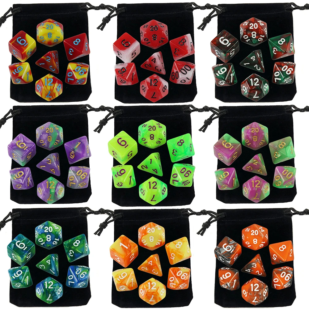 7pcs Dice with Bag DnD d4,d6,d8,d10,d%,d12,d20 Polyhedral Board Game Pieces RPG