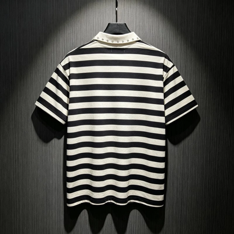 Heavy Industry Rivet Black White Striped Lapel Short Sleeve MAJESTIK Tshirts Portrait Silhouette Fingerprint Print Men Women Tee