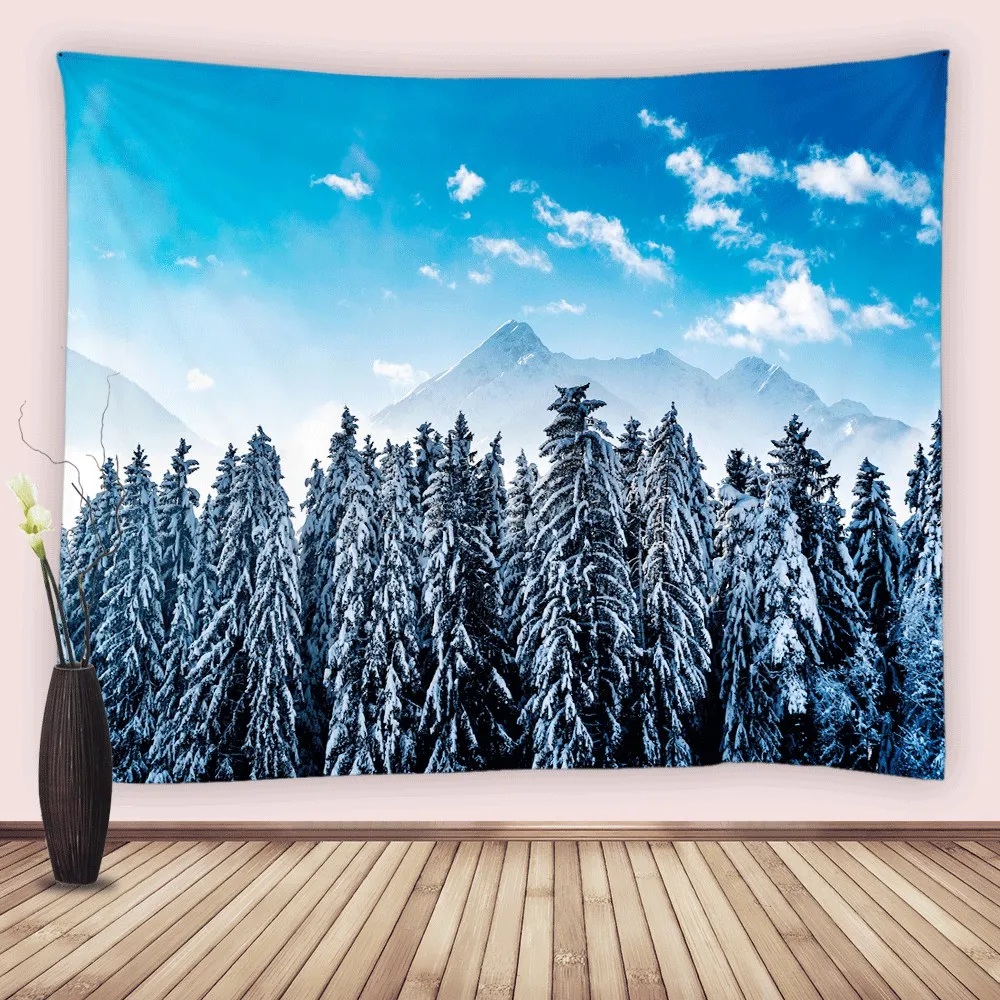 Natural Landscape Snow Mountain Tapestry Winter Wonderland Forest Pine Trees Wall Hanging Fabric Tapestries Living Room Bedroom