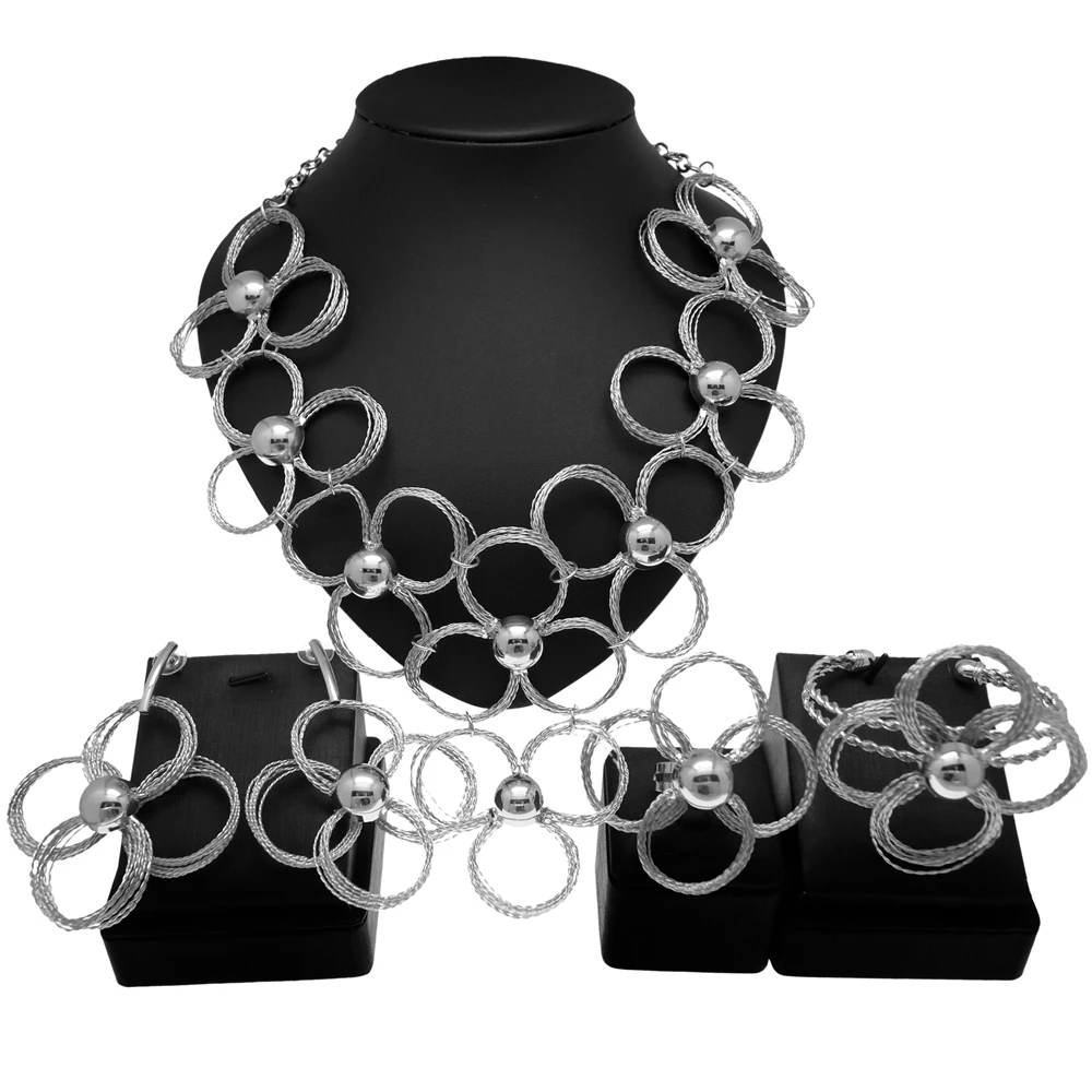 Fashion Trend Brazil Gold Plated Circle Necklace Pure Copper Wire Handmade Ring Bracelet Jewelry Set Gift For Women Silver