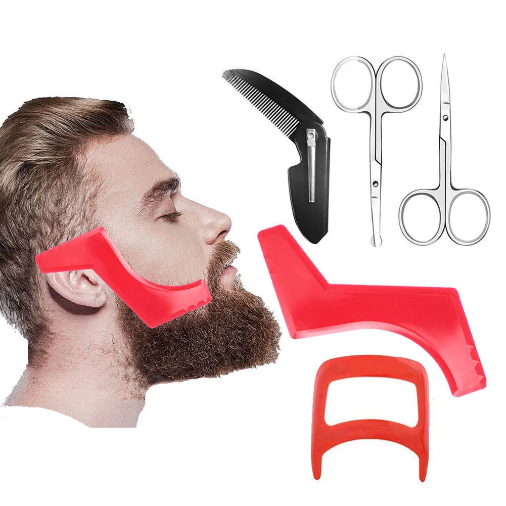 5Pcs Beard Styling Kit Beard Shaping Ruler Head Pointed Scissors Comb Beard Trimming Tool Set for Precision Beard Grooming