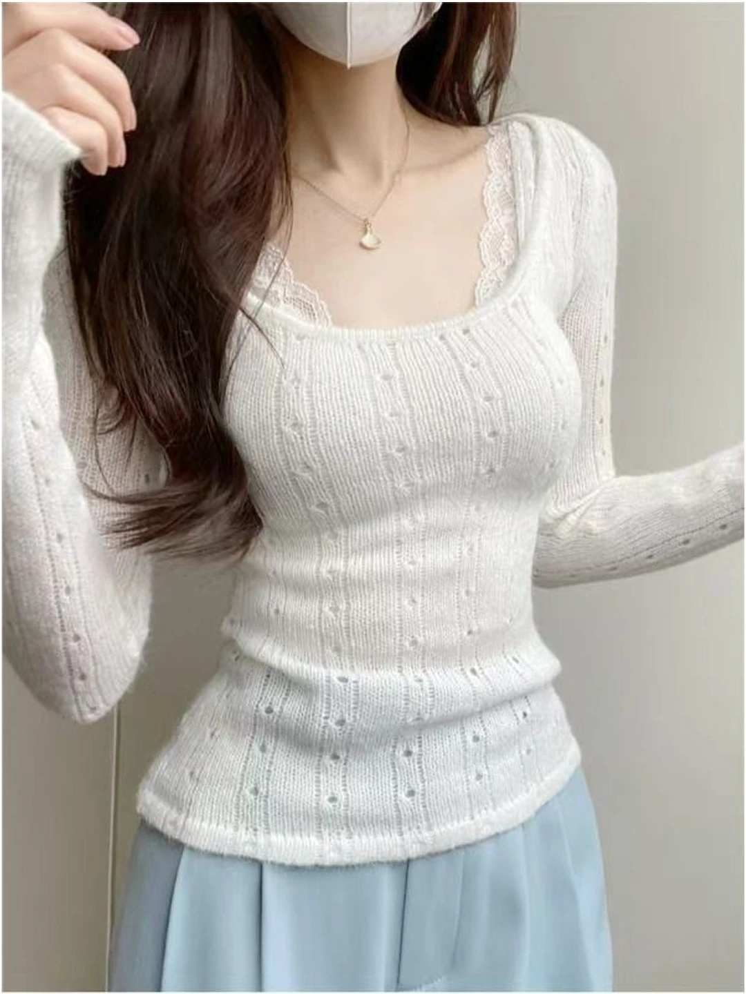 

White Hollow out Thin Knitted Top Women's Spring Summer Slimming Base Shirt Chic Long Sleeve Sun Protection Air Conditioning ...