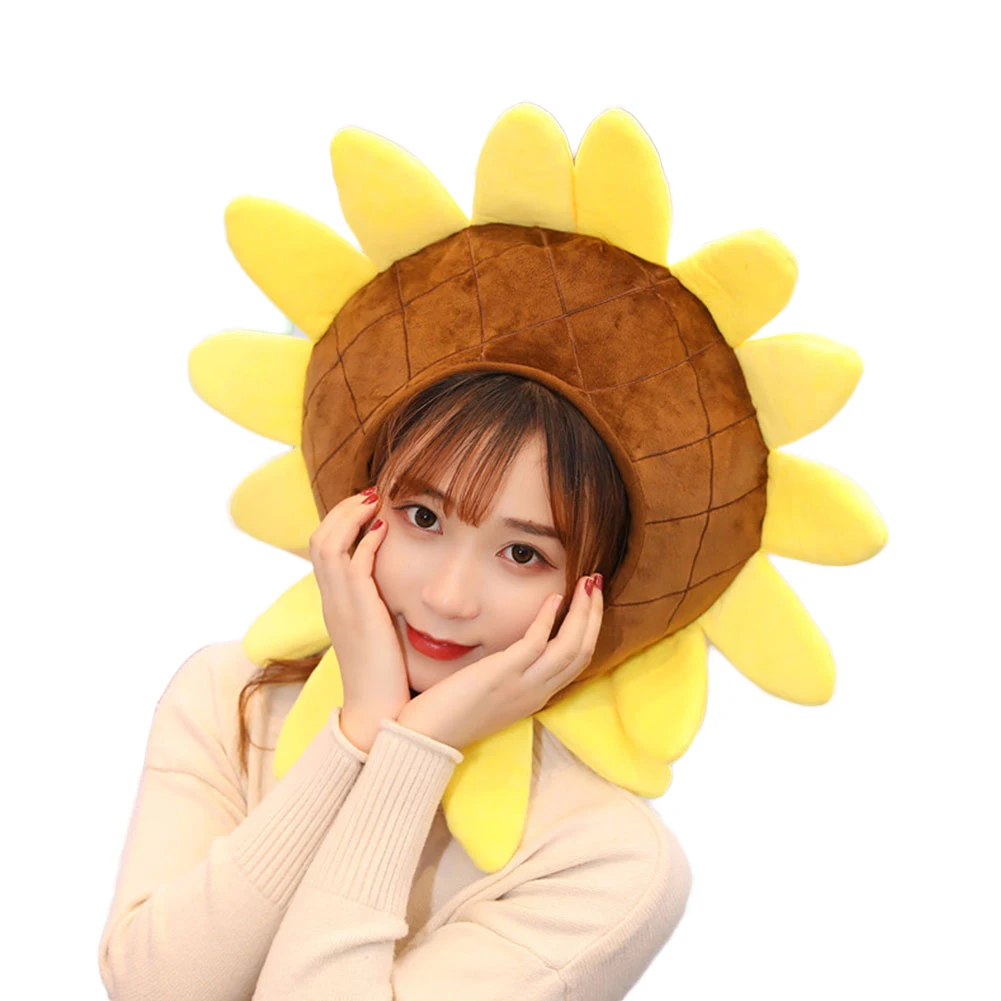 

Adult Women Cartoon Cute Sunflower Cosplay Fantasy Winter Hat Funny Happy Face Disguise Costume Accessories Fantasia Props