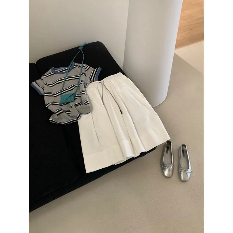 

Casual A-Line Skirt with Dstring High Waist Pleated Cotton Workwear Flower Bud ape Reduces Ageing WGWE2025