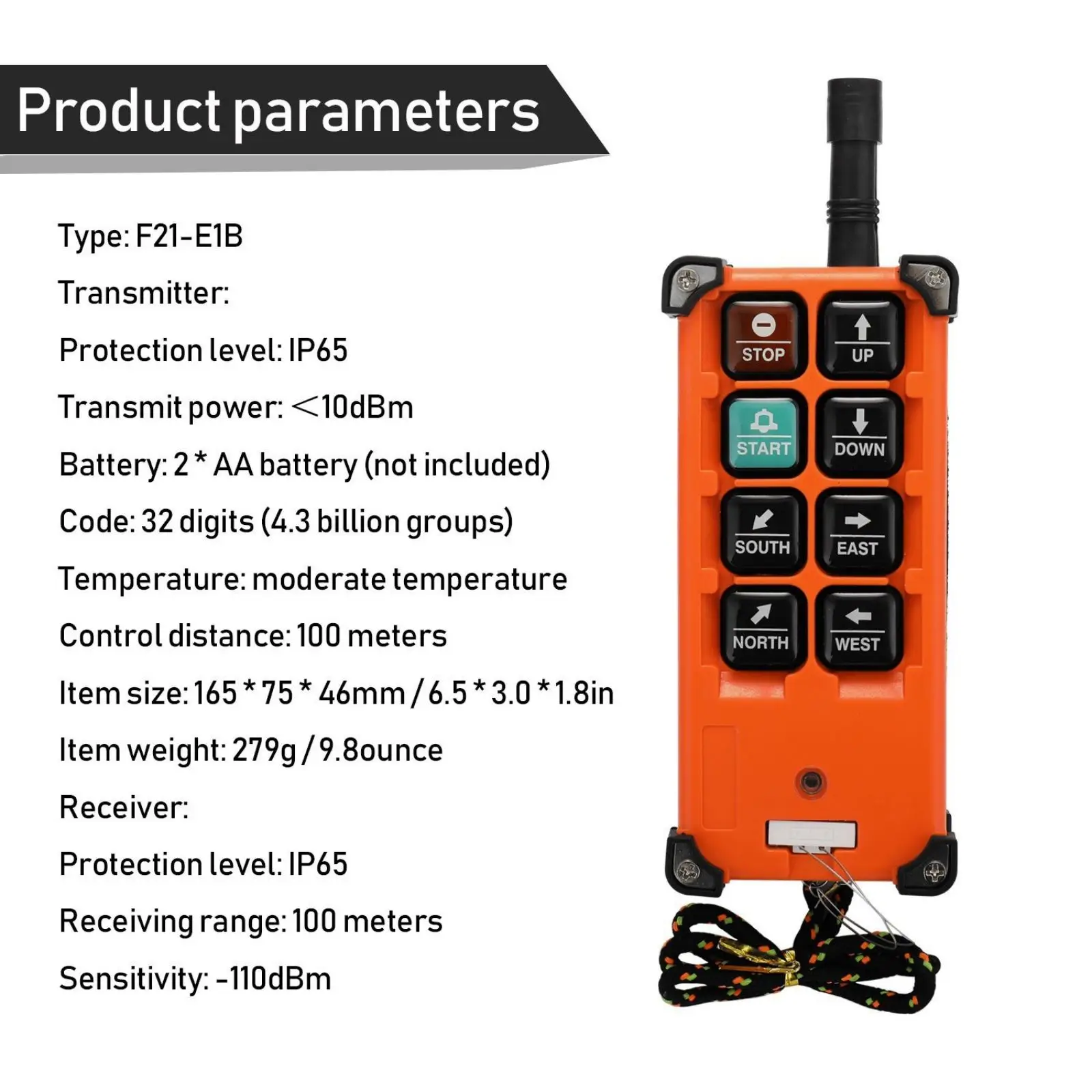 868MHz IP65 Wireless Crane Remote Control 12-72V, Industrial Hoist Transmitter Receiver with Emergency Stop 100M