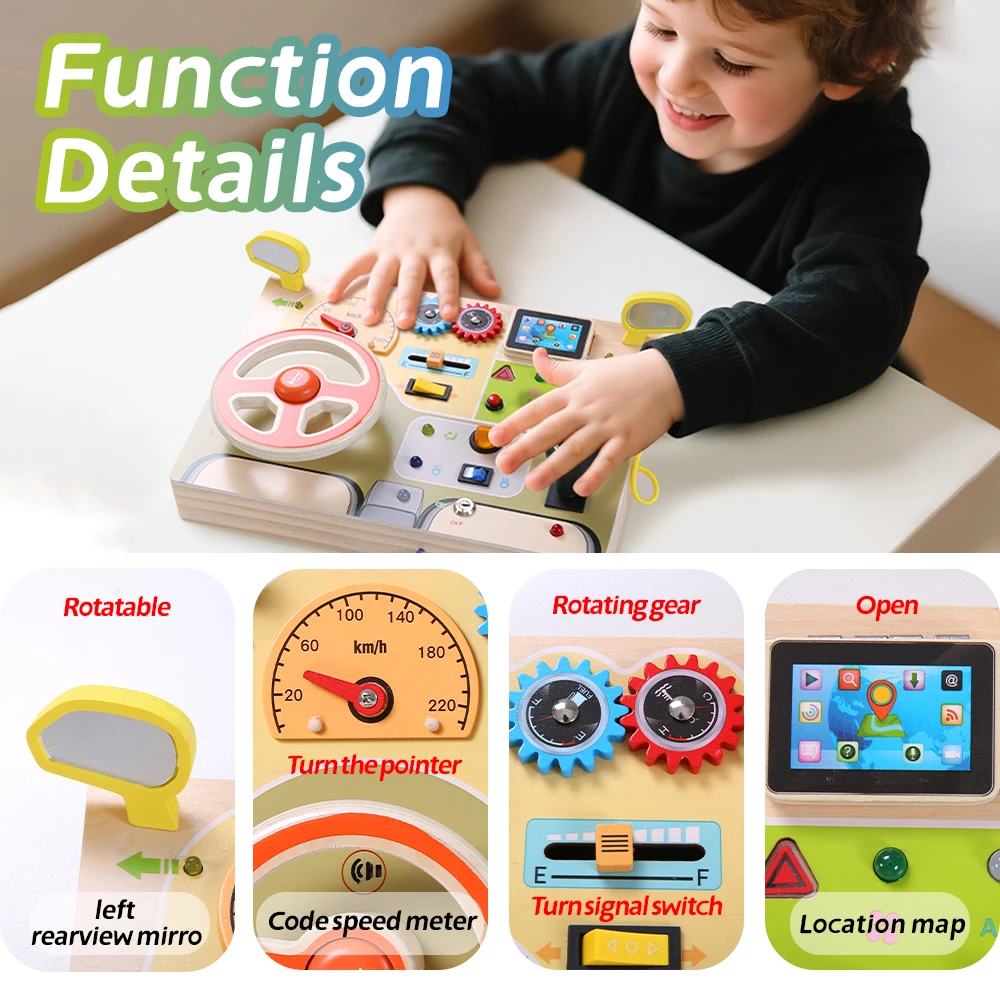 1 pz/set volante in legno bordo occupato in legno sblocco interruttore LED per attività di apprendimento prescolare dei più piccoli