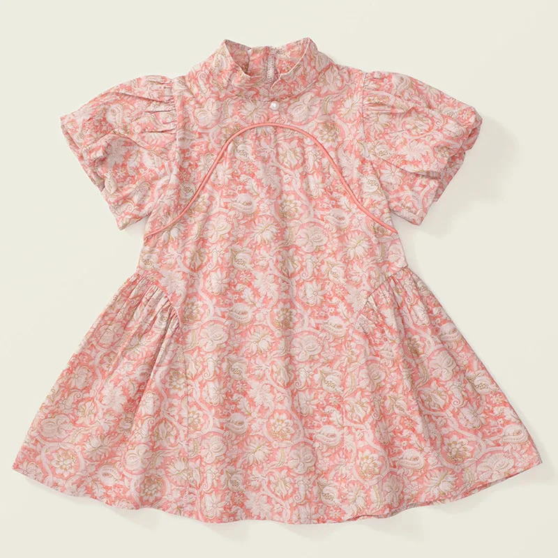 

2025 Summer Baby Girls Dresses Fashion Cute Flowers Print Short Sleeve Pink Princess Birthday Dress Boutique Kids Clothing B053