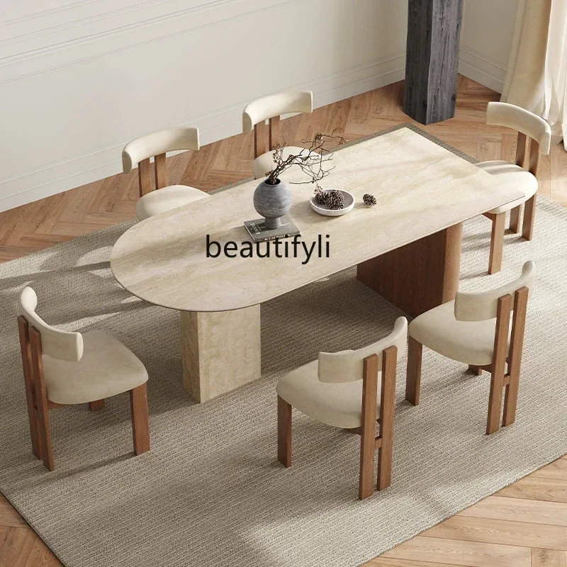 

French retro solid wood dining table, travertine rock slab designer creative semi-oval island dining table