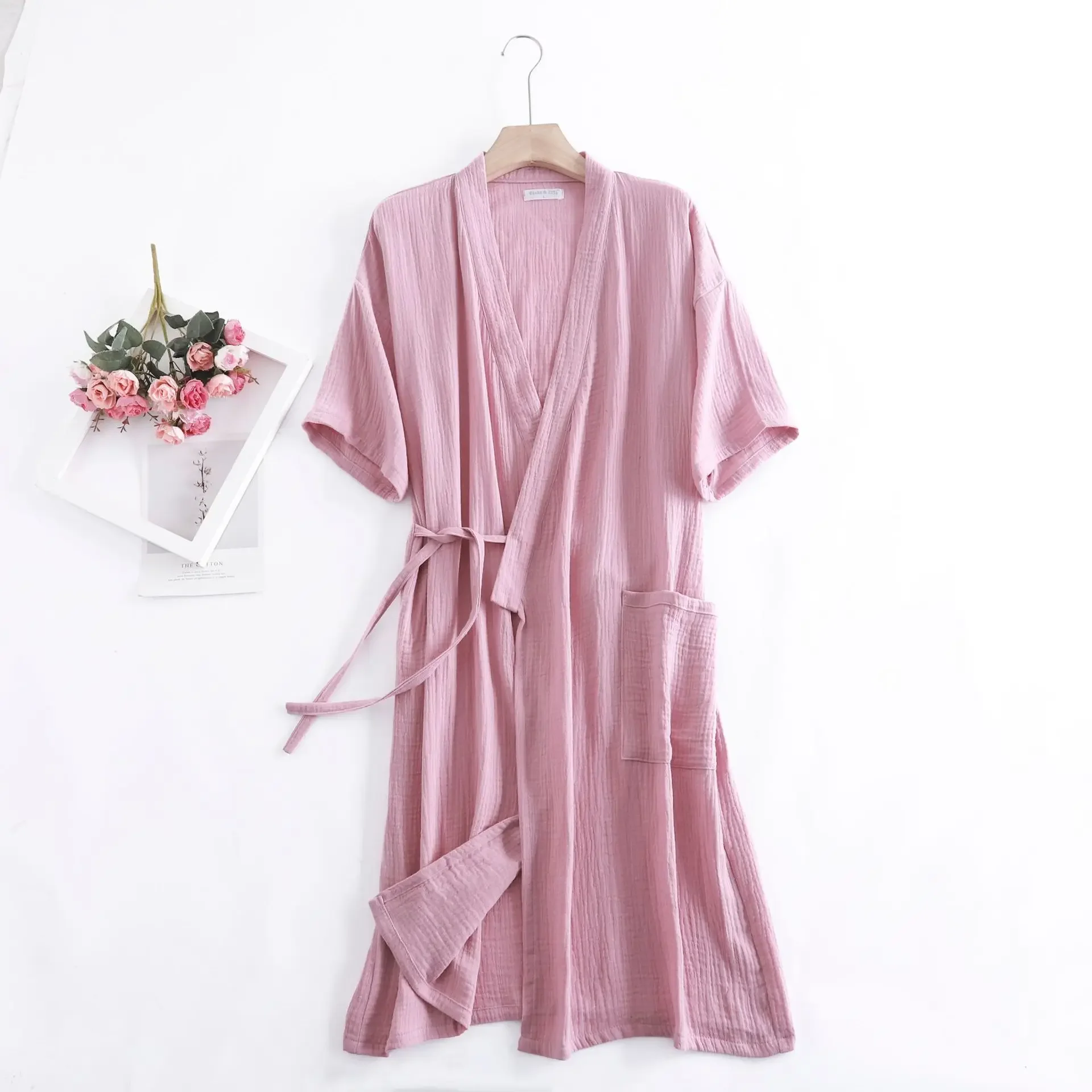 Summer 100% Cotton Gauze Crepe Short Sleeve Robes for Women and Men Solid Bathrobe Loose Soft Japanese-style Kimono Robe 2021