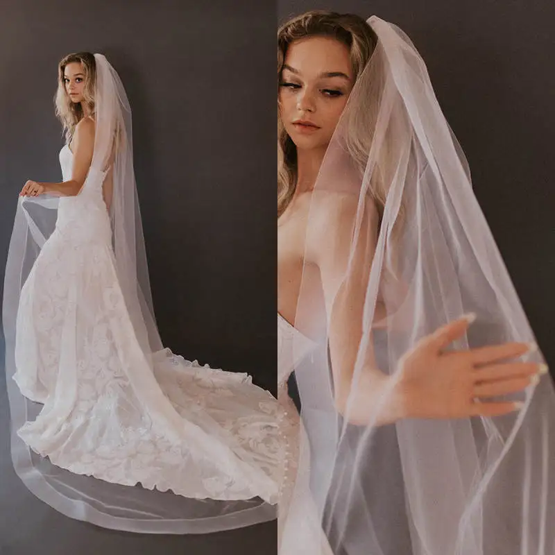 

Illusion Wedding Veil One Layer Long Bridal Veils Chapel Length Ribbon Edge Soft Tulle For Bride Custom Made