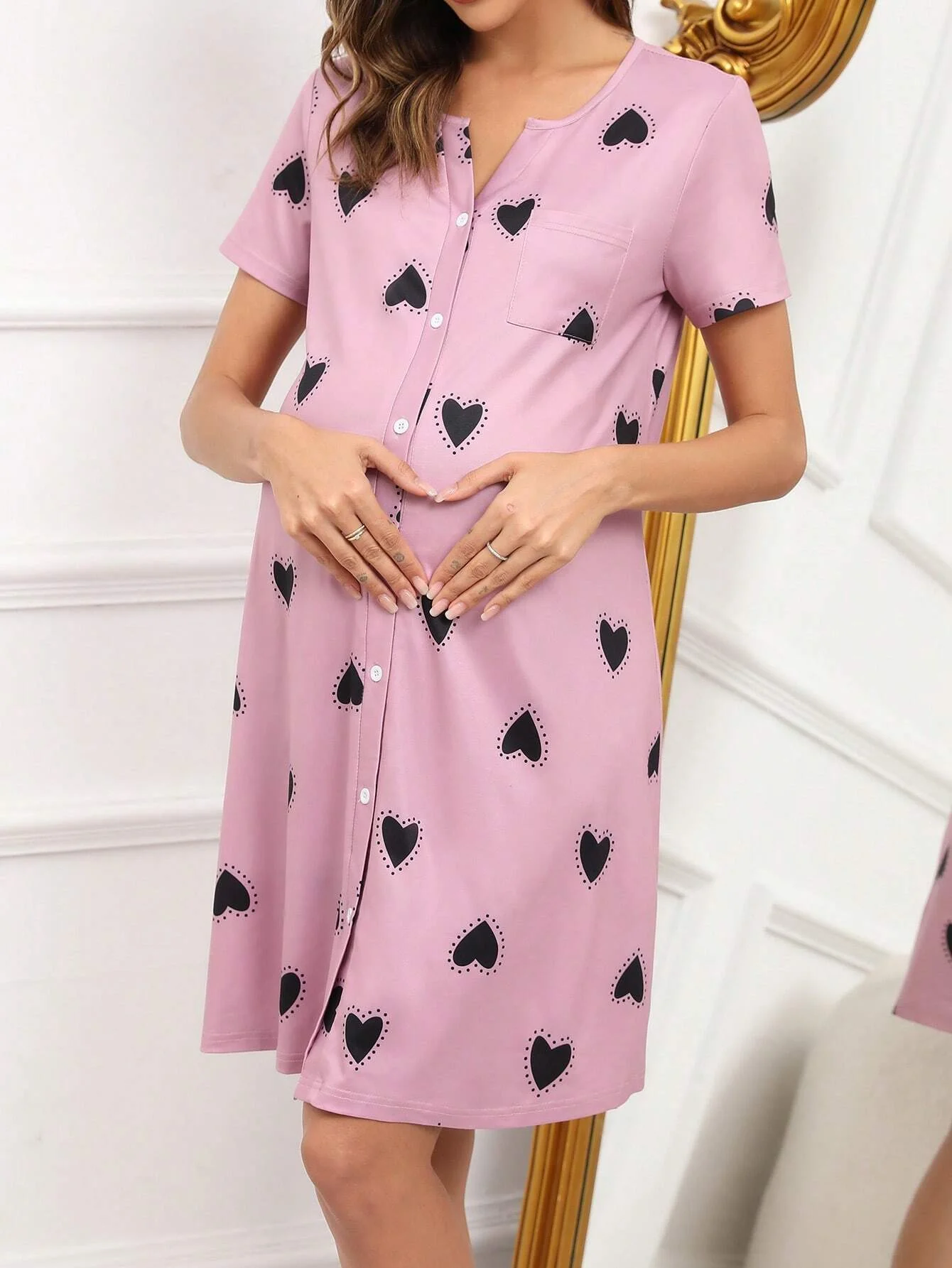 Pregnant women\'s home pajamas, pink pajamas, short sleeved skirts, dresses