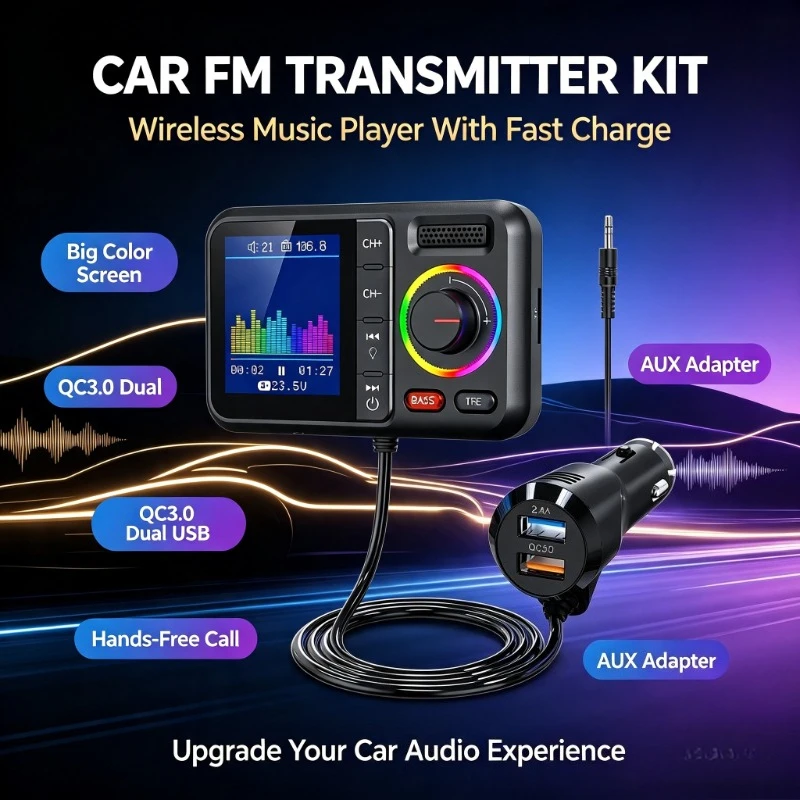 Vehicle MP3 FM Transmitter Large Color Display, Fast Charging Function Ideal for Daily Commute Wireless Audio Experience