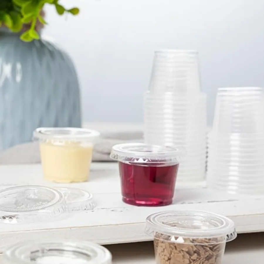 Disposable Plastic Portion Cups with Lids, Small Mini Sauce Cups for Portion Control, Salad Dressing Cups, Airtight and Stackab