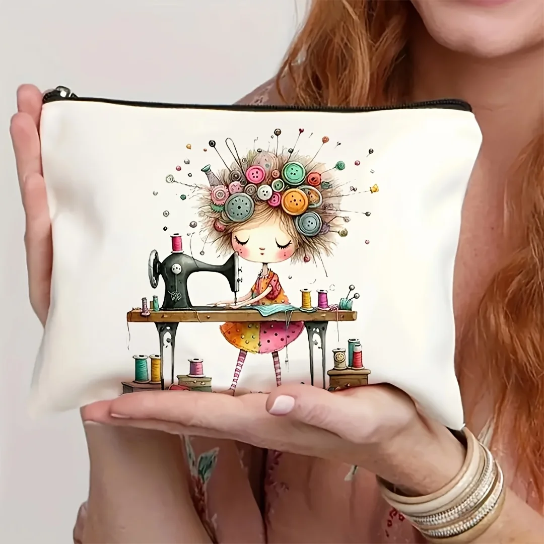 A Cute Girl Sewing Scene Makeup Bag - Women's Cute Multifunctional Zipper Pouch, Jewelry Storage Bag