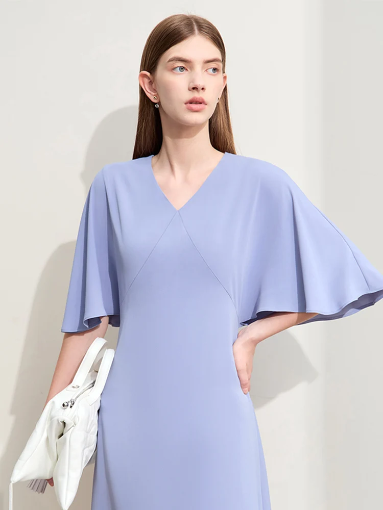 Amii Minimalism 2024 Summer New V-neck Flared Sleeve Women Dresses Office Lady Female Slim A-line French Chiffon Dress 12442140