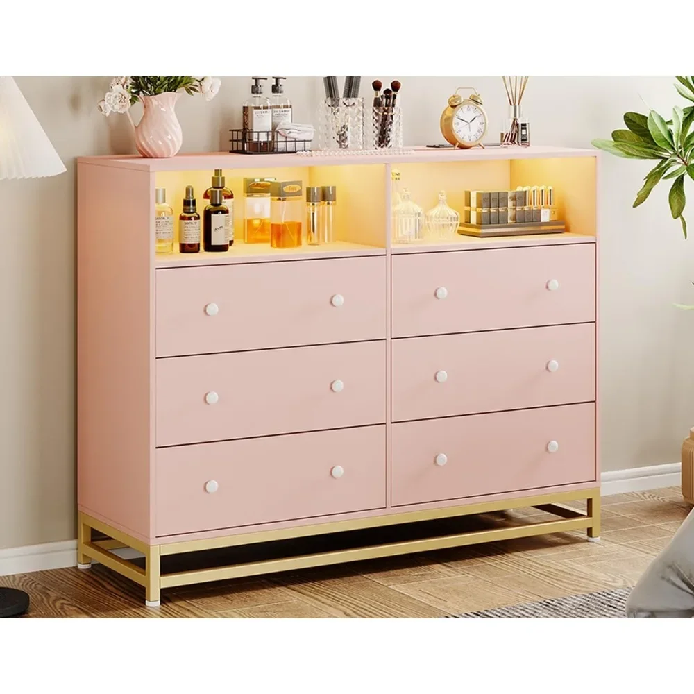 

Wide Dresser for Bedroom with Charging Station, 6 Drawer Dresser with LED Lights, Modern Large Capacity Storage Cabinet