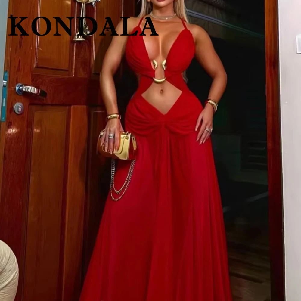 KONDALA Chic Fashion 2025 Night Party Woman Dress Lace-up Backless Sexy Long Dress Hollow Out Streetwear Female Elegant Vestidos