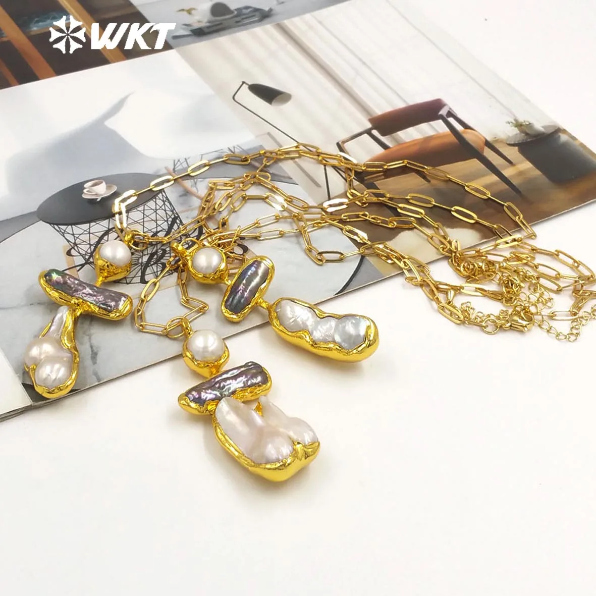 

Колье из пресноводного жемчуга WT-JN335, высокое качество, популярная модель, неправильной формы, с 18-каратным золотым покрытием, для женщин, эксклюзивное ювелирное изделие