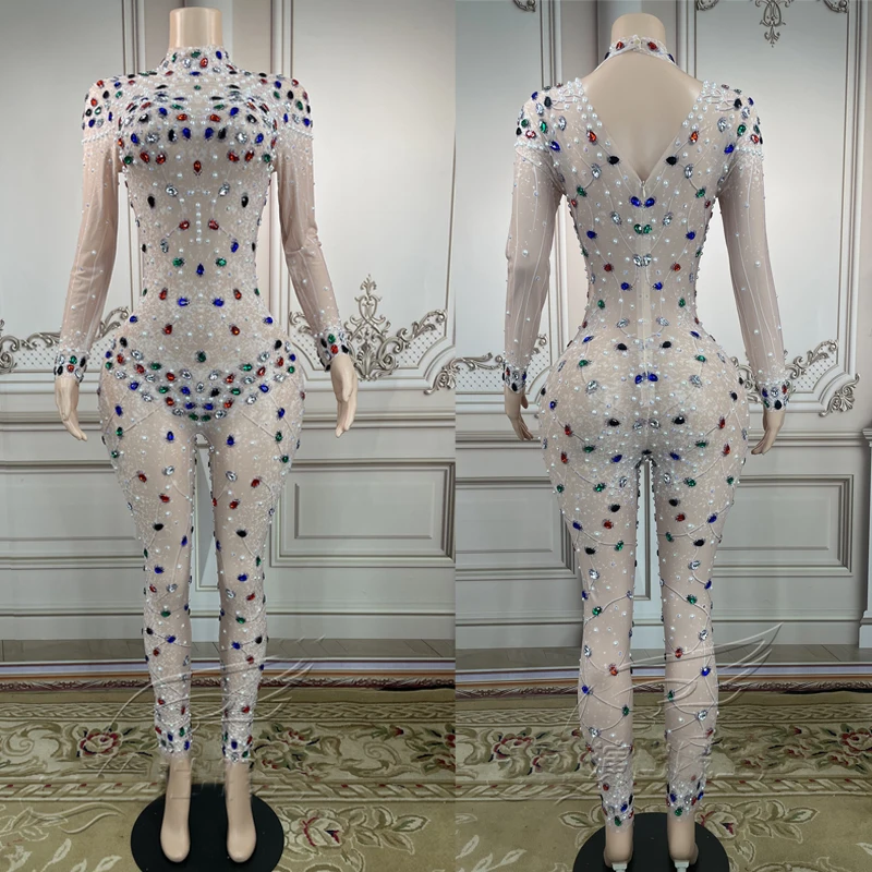 Fancy Rhinestones Stretch Jumpsuit Colorful Diamond Rompers Women Pole Dance Clothing Festival Outfit Drag Queen Costume XS4381