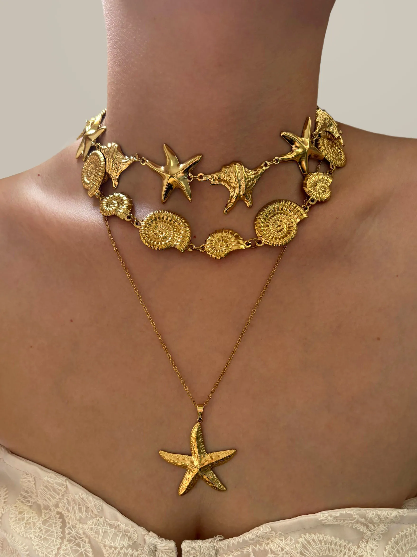 GHIDBK Ocean Style Stainless Steel 18K Gold Plated Conch Starfish Chain Pendant Necklace Stackable Fashion Beach Women's Jewelry